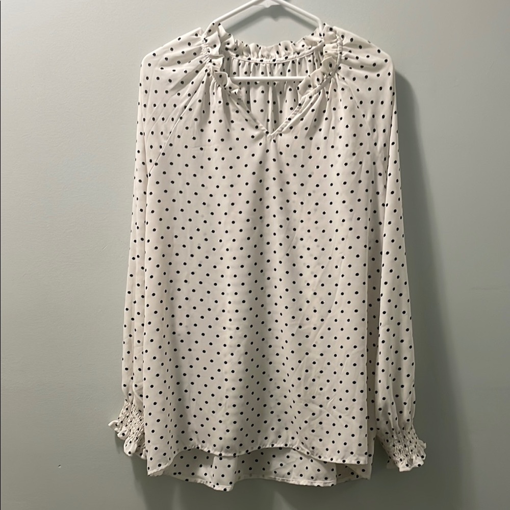 Cream Ruffled Long Sleeve Blouse Black Dots With hints of Silver